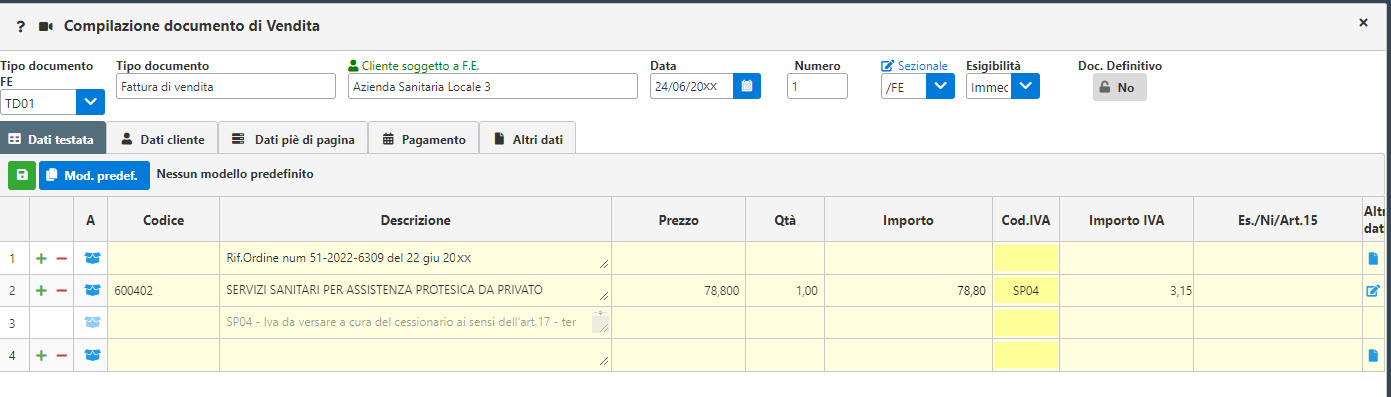 maschera compilazione documento di vendita